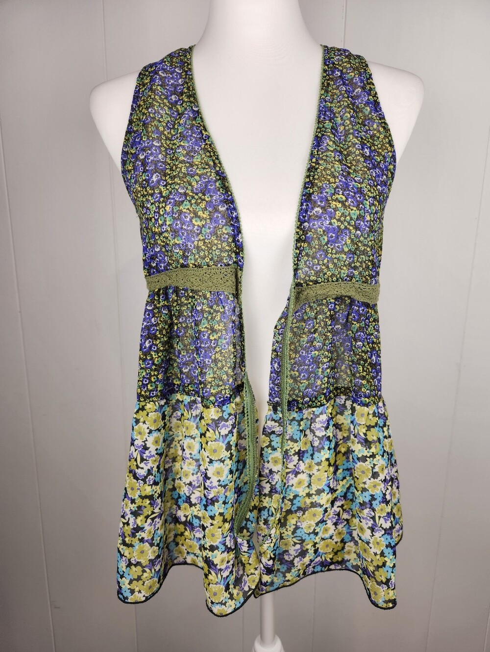 Y2K Self Esteem Sheer Vest Layer Women M Green Purple Dainty Floral Whimsy Fairy